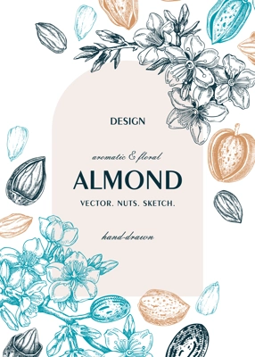 Almond nut frame, spring design. Blooming branches, nuts, flower sketches. Hand-drawn vector illustration. Greeting card or invitation template .  NOT AI generated